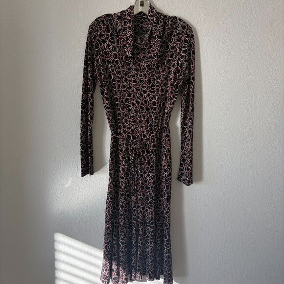Vtg Lily Dress M Black Circle Print Cowl Neck Belted Stretch 90s Y2K Retro Gaudy - Picture 1 of 6